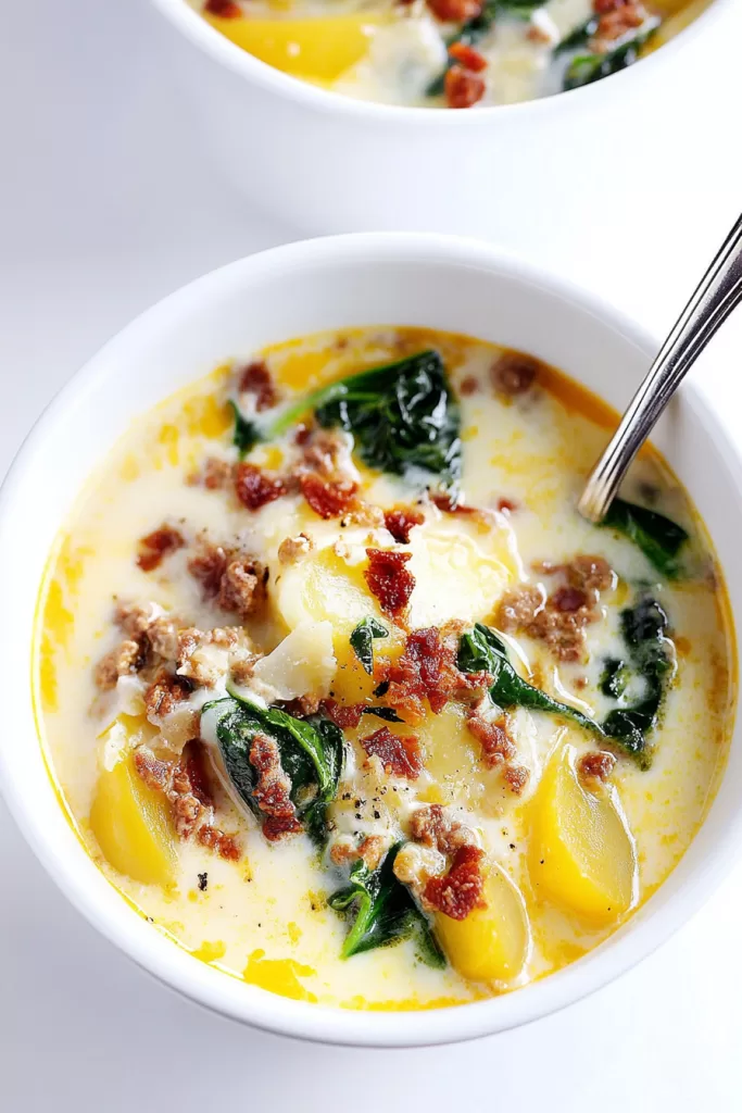 A steaming bowl of creamy soup with chunks of sausage and potatoes, garnished with fresh herbs.