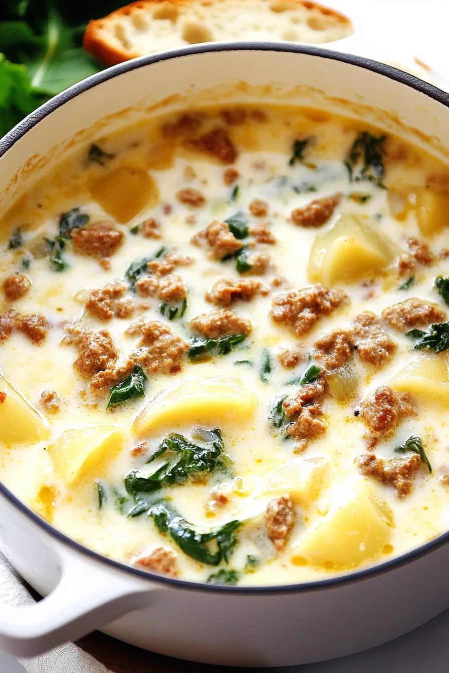 Close-up of a hearty soup featuring kale, potatoes, and sausage in a rich, creamy broth.