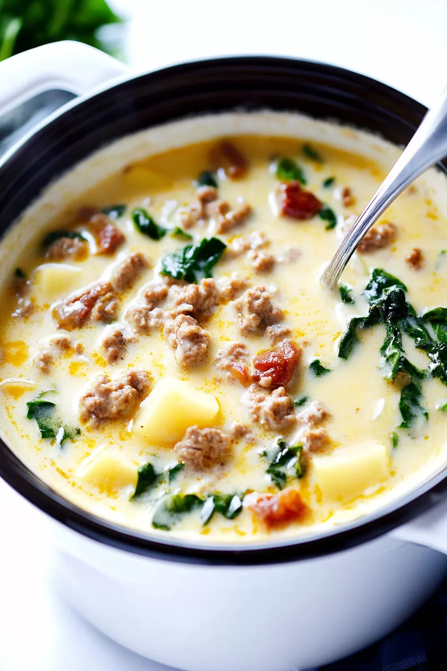 A ladle lifting a creamy soup loaded with savory sausage and tender potatoes from a pot.