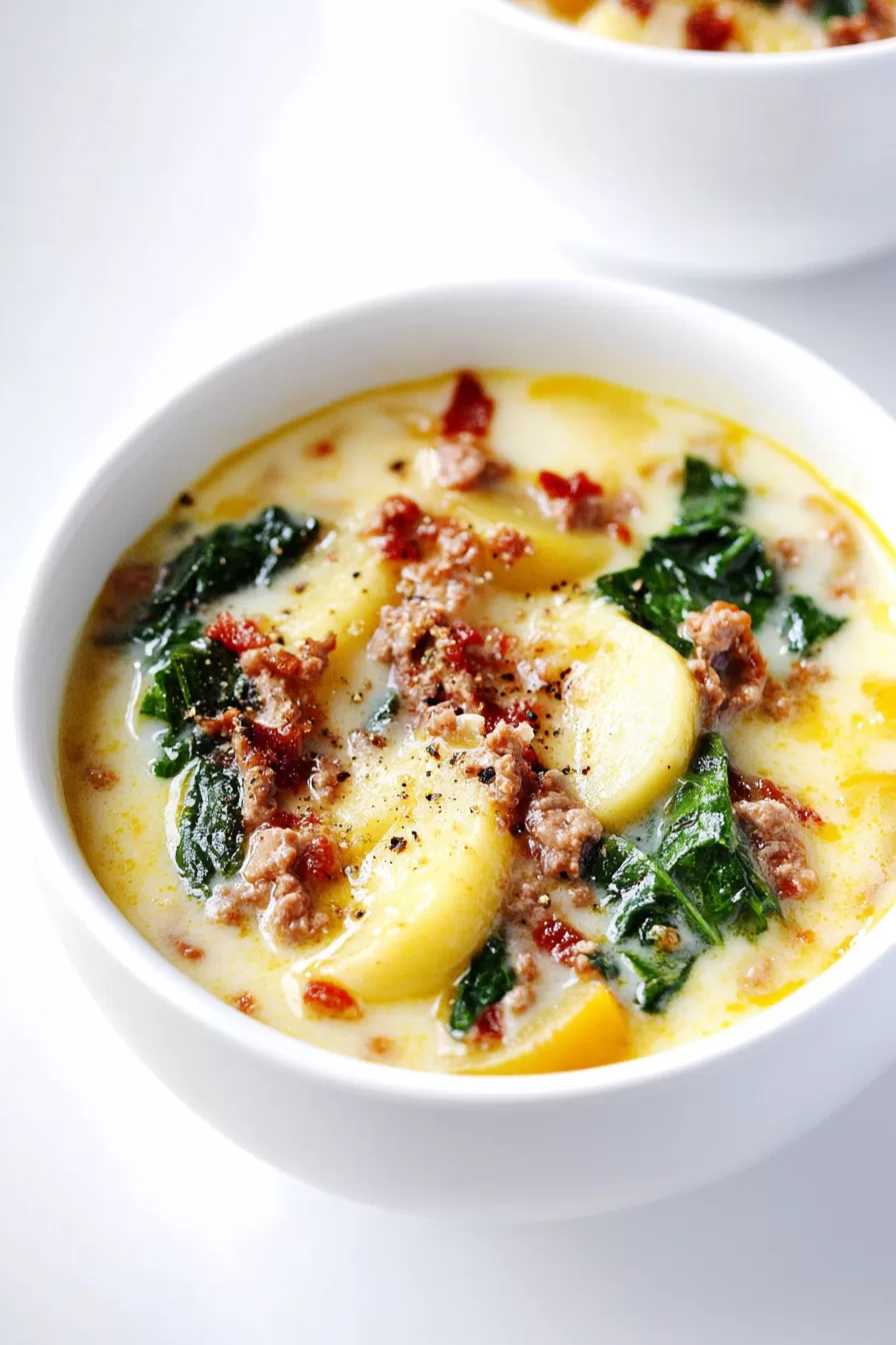 Side view of a rich and creamy soup served in a bowl, with fresh herbs sprinkled on top.