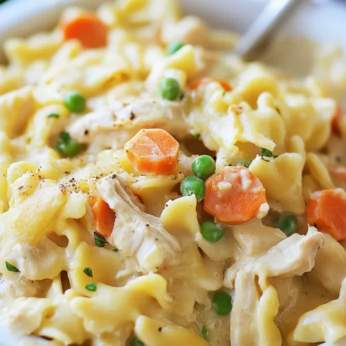 A plate of creamy pasta with a golden sauce and scattered peas and carrots.