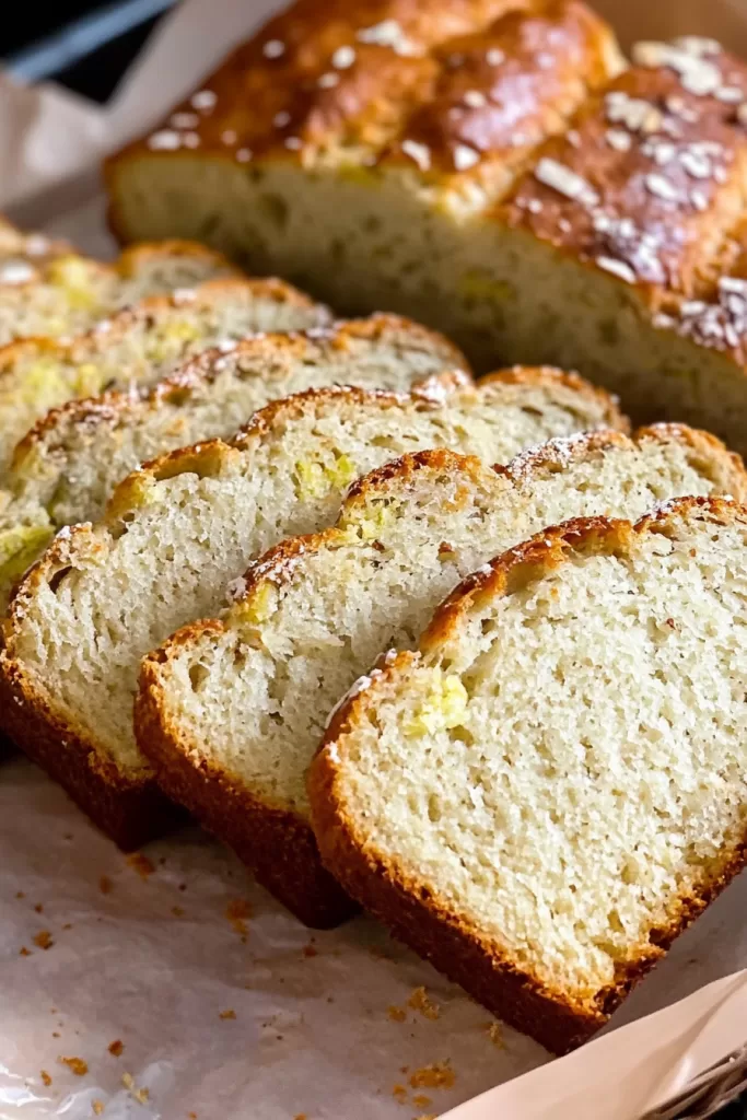 Sliced banana bread with a golden crust, arranged neatly on parchment paper.