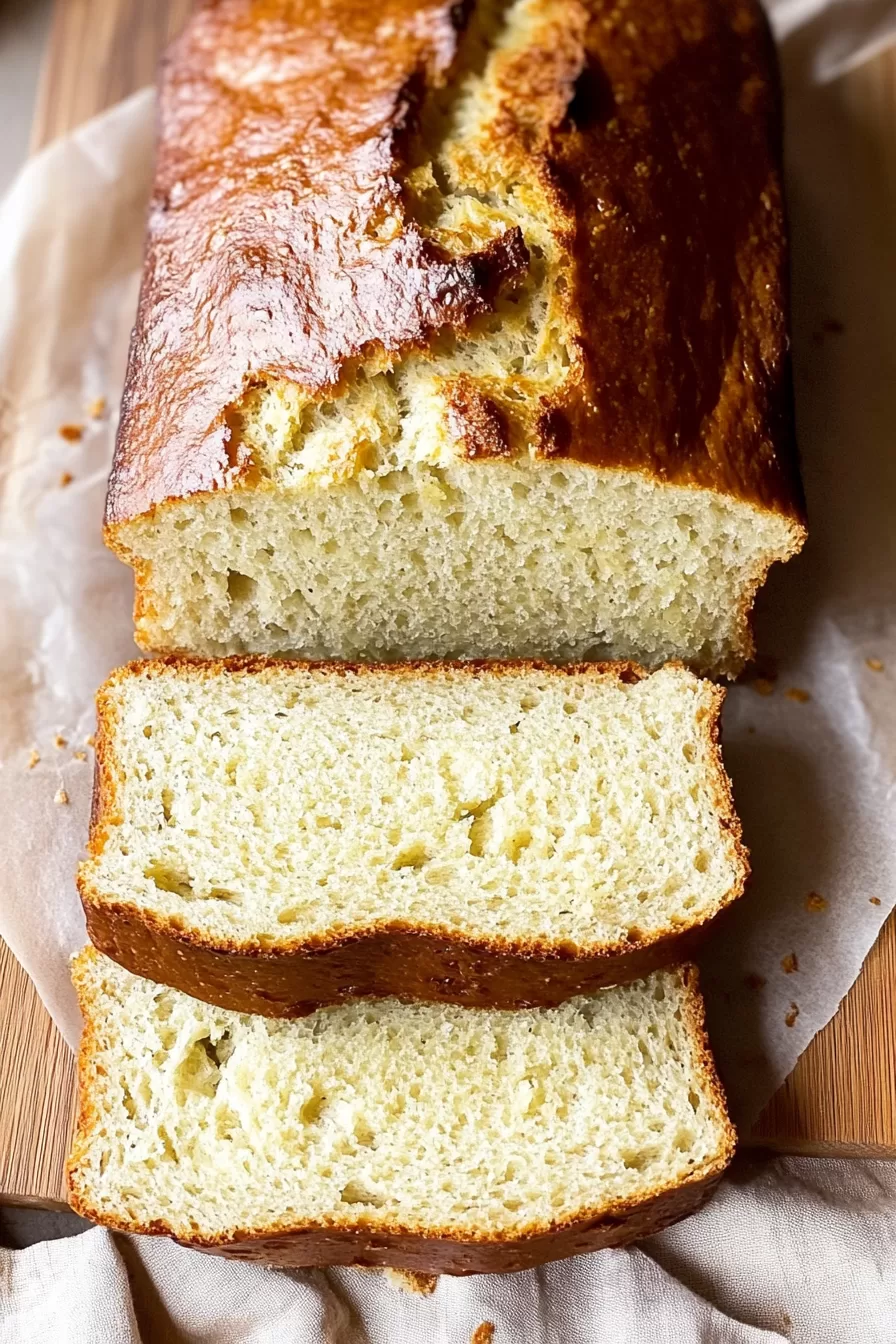 Close-up of a freshly baked banana bread loaf, showcasing its soft and airy texture.