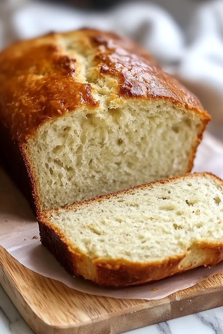 Banana bread loaf on a wooden cutting board, partially sliced to reveal the moist interior.