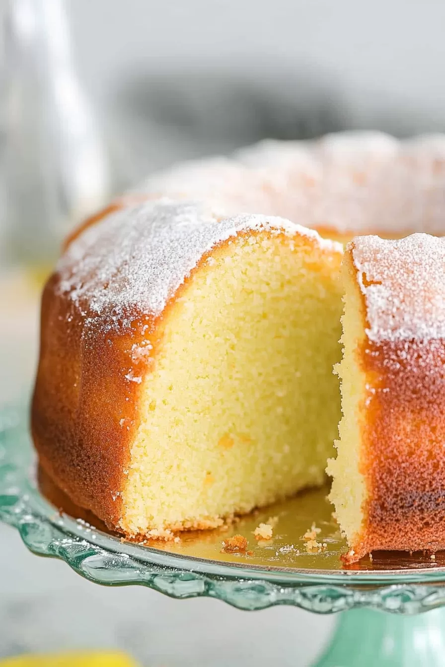 Close-up of a moist bundt cake dusted with powdered sugar, revealing its fluffy interior.