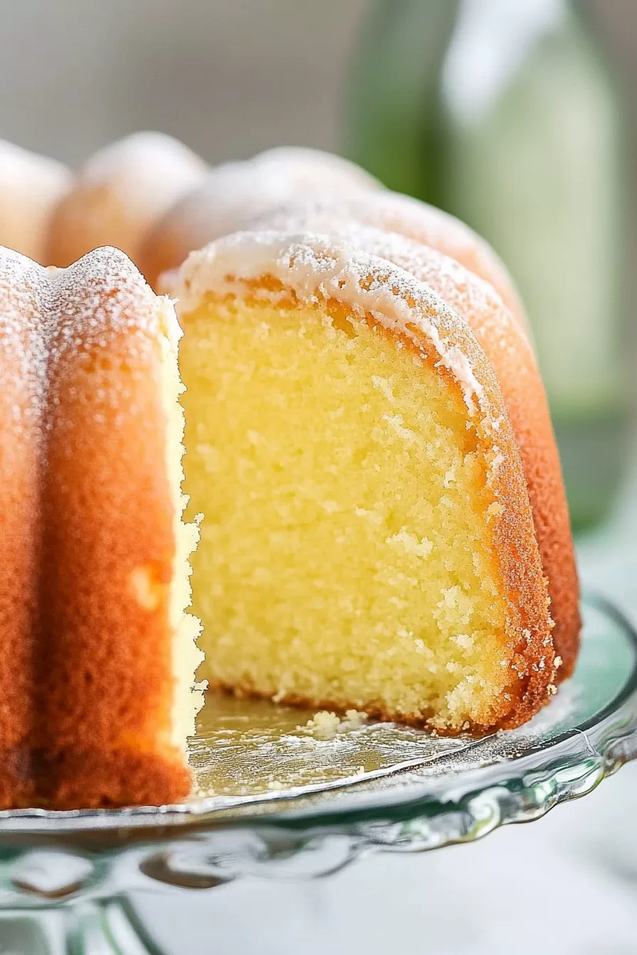 A beautifully baked bundt cake on a glass stand, topped with a delicate sprinkle of powdered sugar.