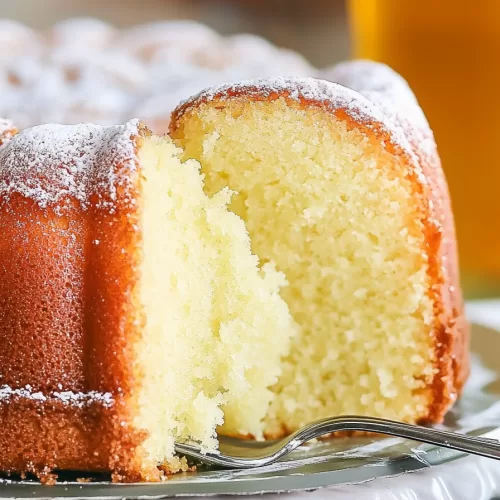 A slice of soft, golden bundt cake on a plate, showcasing its light and airy texture.