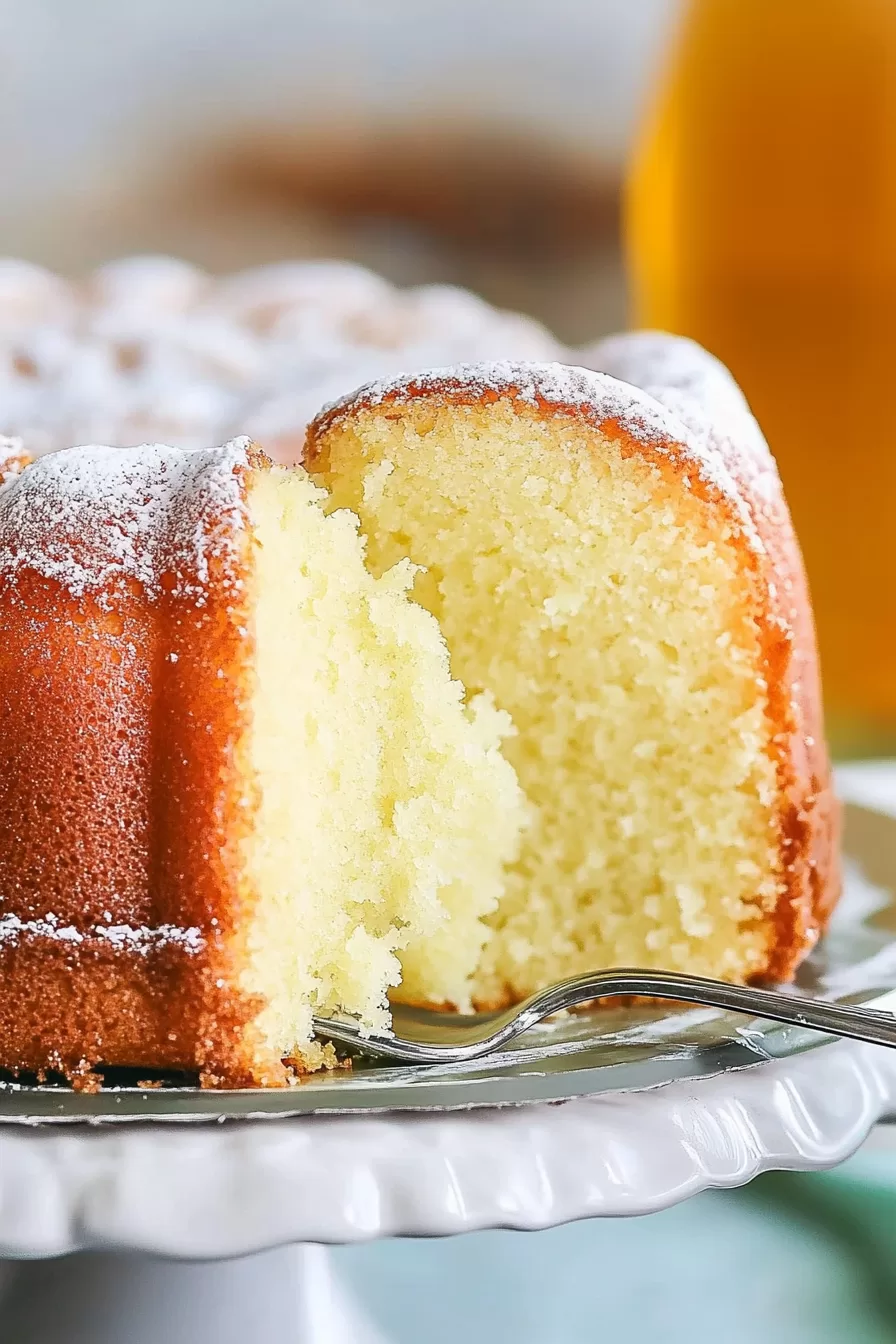 A slice of soft, golden bundt cake on a plate, showcasing its light and airy texture.