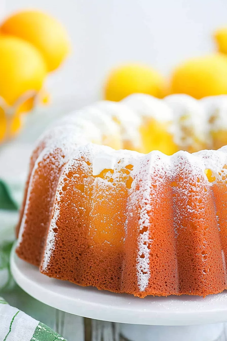 A side view of a 7 UP bundt cake on a decorative cake stand, surrounded by fresh lemons.