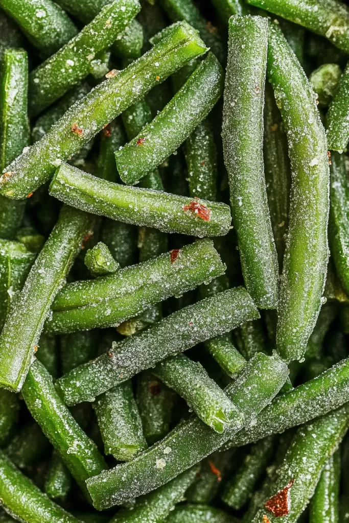 A close-up shot of seasoned green beans coated with spices, ready to serve.