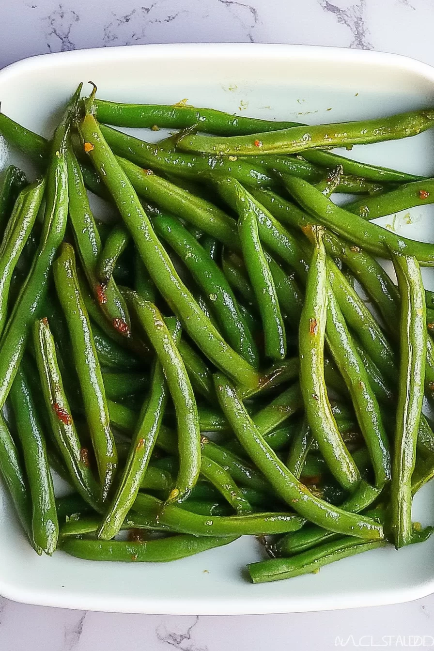 A vibrant plate of air-fried green beans garnished with seasoning, presented on a marble background.