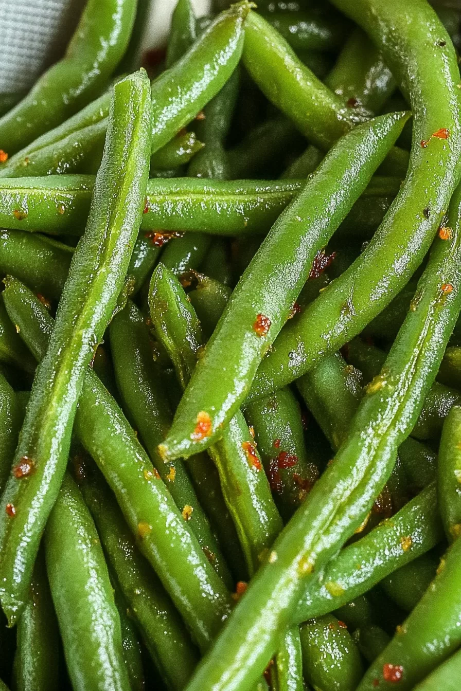 Perfectly crisp and seasoned green beans piled together, highlighting their texture and rich color.