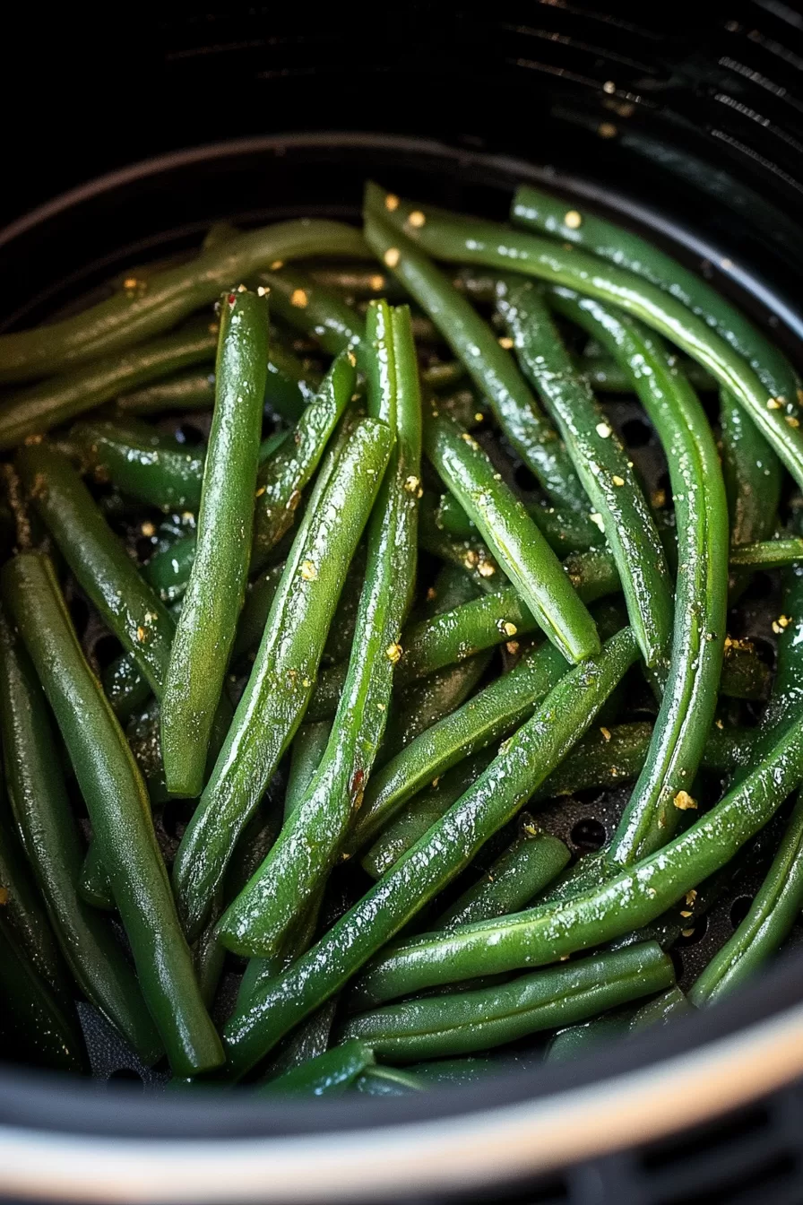 Bright green beans with red pepper flakes, evenly cooked in an air fryer basket