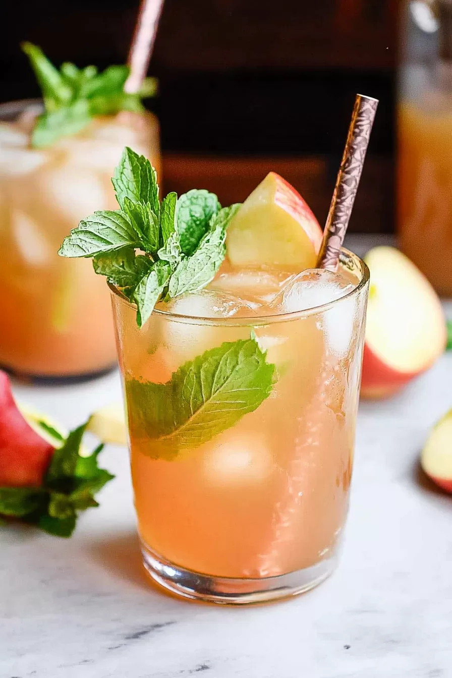 Two glasses of vibrant iced beverages, topped with mint sprigs and apple slices, surrounded by crisp apples and cinnamon sticks.