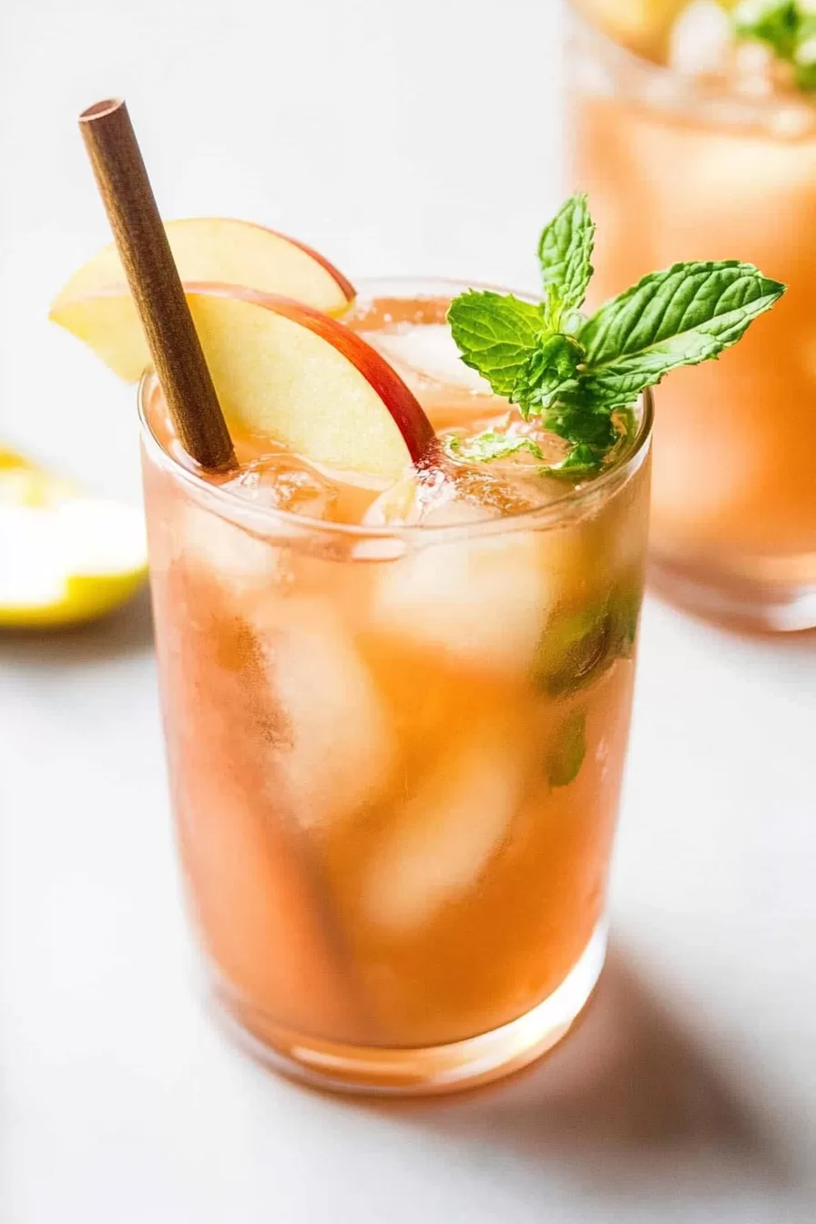 A chilled fall-inspired cocktail with visible ice cubes, fresh mint, and apple slices sitting on a white marble surface.