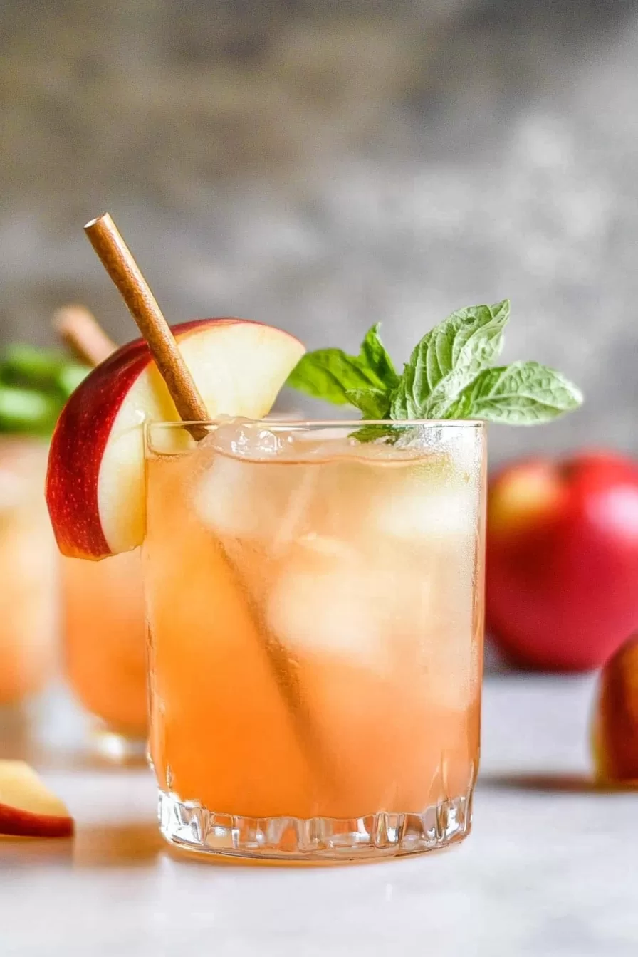 A cozy autumn-themed mojito with a cinnamon stick stirrer, fresh mint garnish, and apple slices, served in a clear glass.