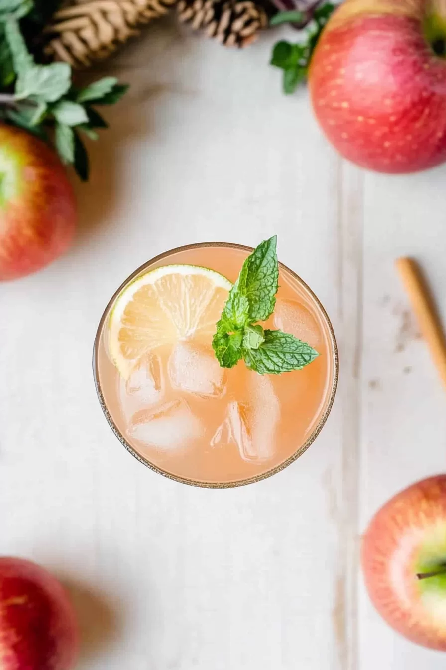 Top view of a citrus and apple-flavored drink, garnished with a slice of lime and fresh mint, against a backdrop of apples and rustic decor.