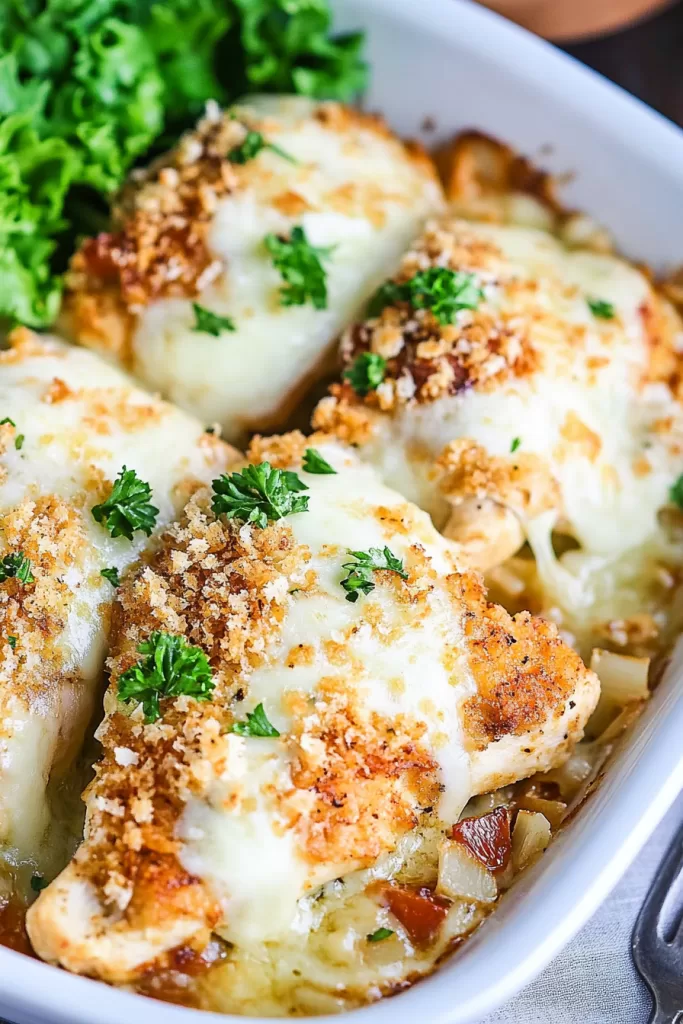 Golden-brown baked chicken breasts topped with melted cheese and crispy breadcrumbs, garnished with fresh parsley in a white casserole dish.