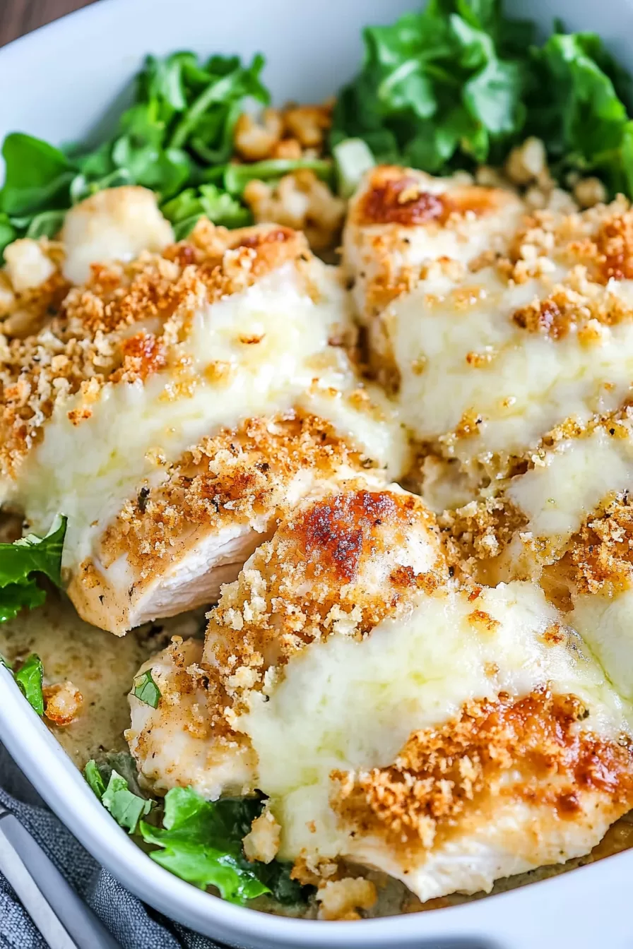 A close-up view of tender Caesar-baked chicken slices served over a bed of fresh greens with a sprinkle of herbs.