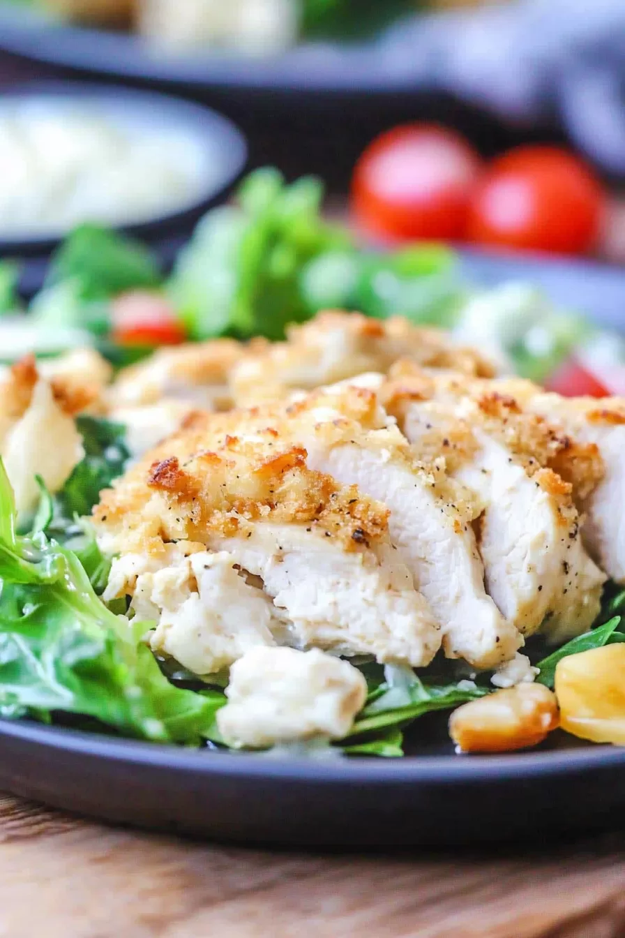 A comforting casserole of baked chicken coated with creamy Caesar dressing, cheese, and crunchy topping, ready to serve.