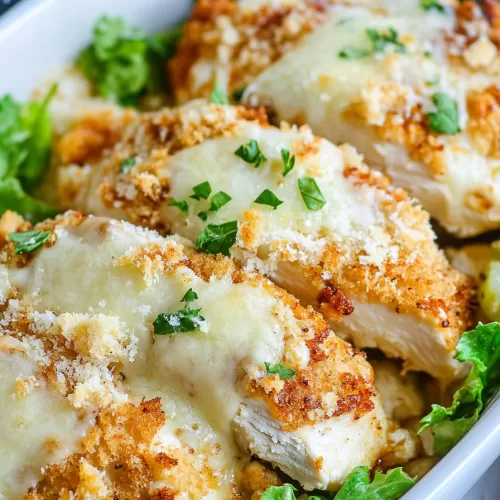 Baked Caesar chicken breasts on a plate, accompanied by fresh leafy greens and cherry tomatoes for a wholesome meal.