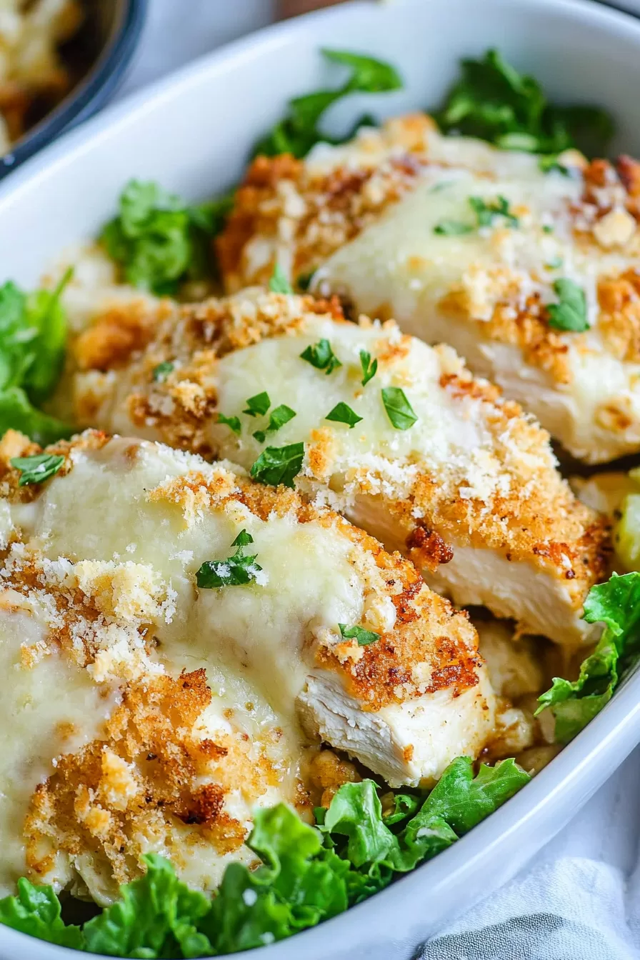 Baked Caesar chicken breasts on a plate, accompanied by fresh leafy greens and cherry tomatoes for a wholesome meal.