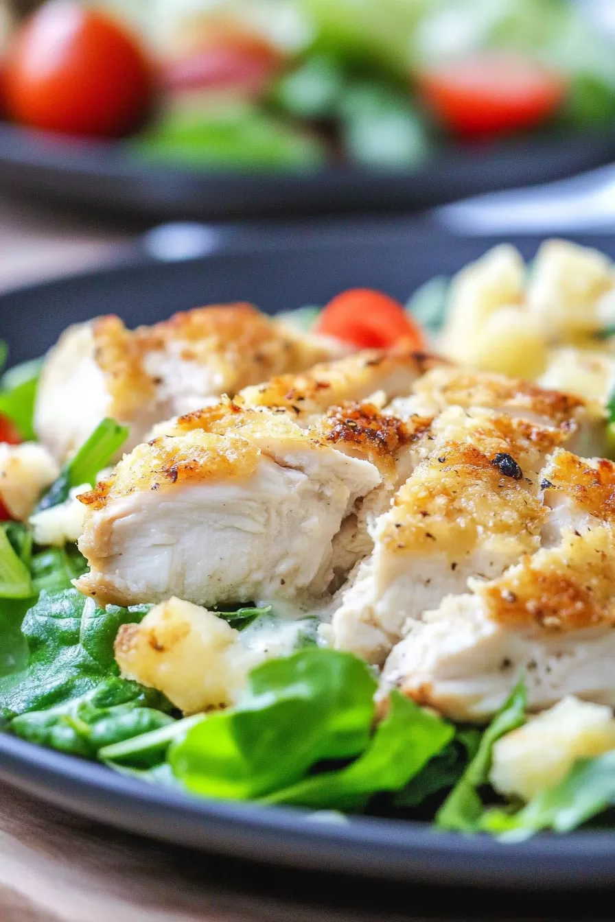 Cheesy baked chicken layered with golden breadcrumbs and herbs, fresh out of the oven in a serving dish.