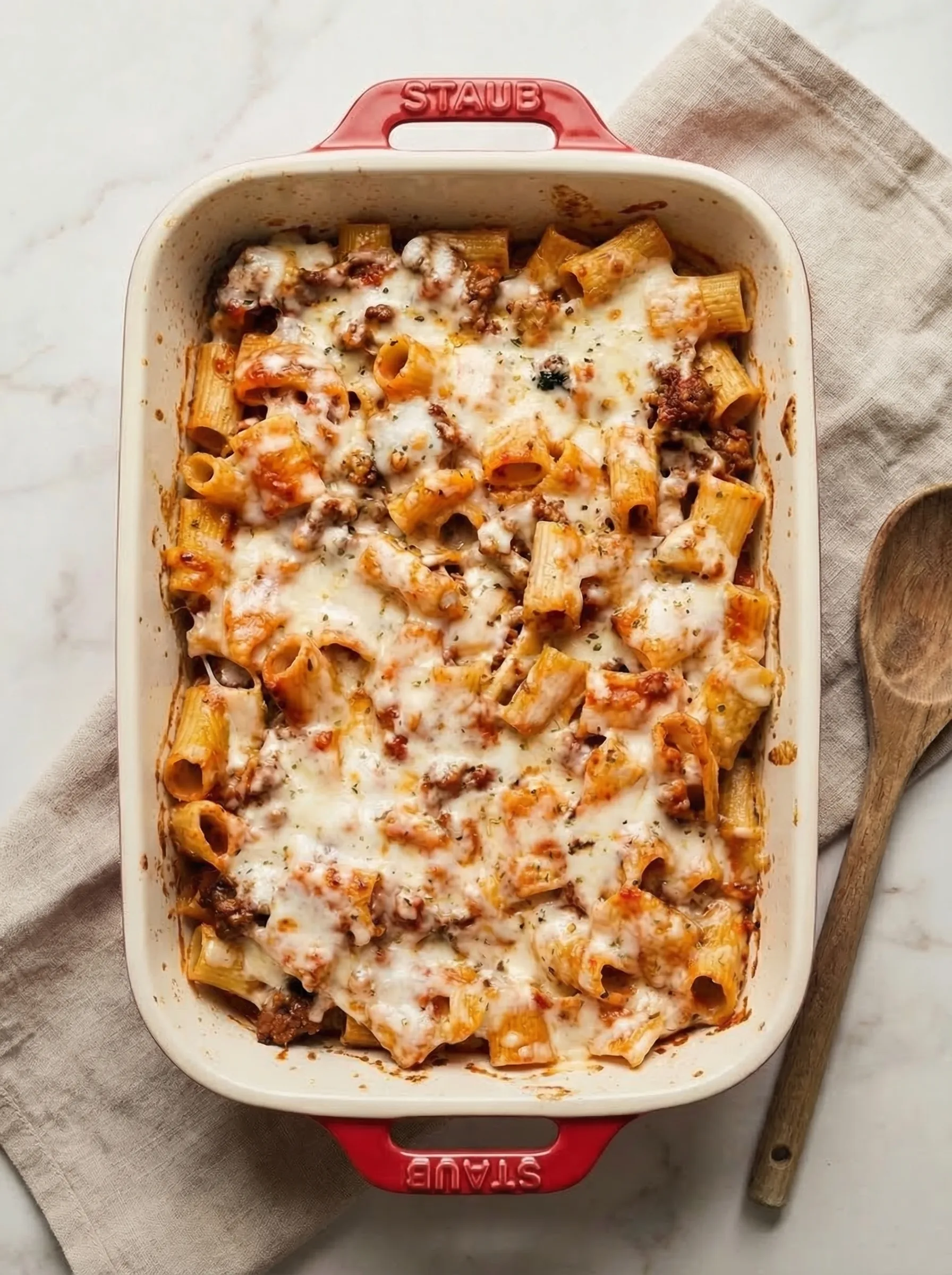 Baked Mostaccioli in a casserole dish topped with melted mozzarella cheese and Italian seasoning