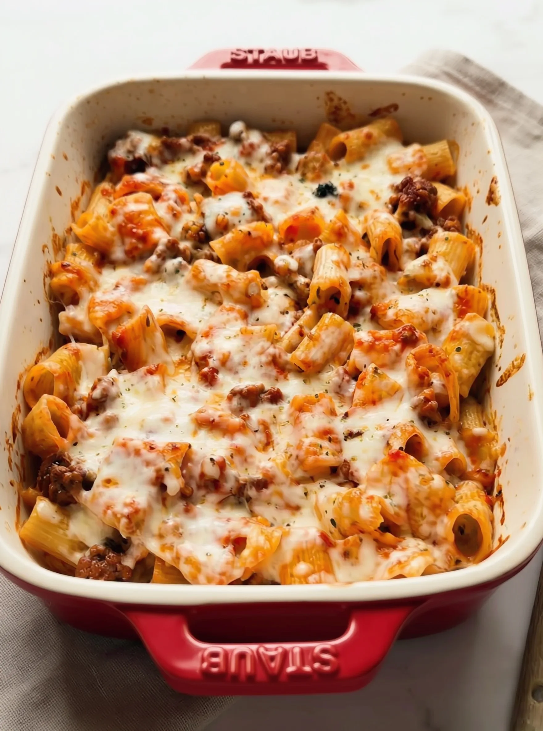 Close-up of pasta bake with melted cheese and hearty meat sauce