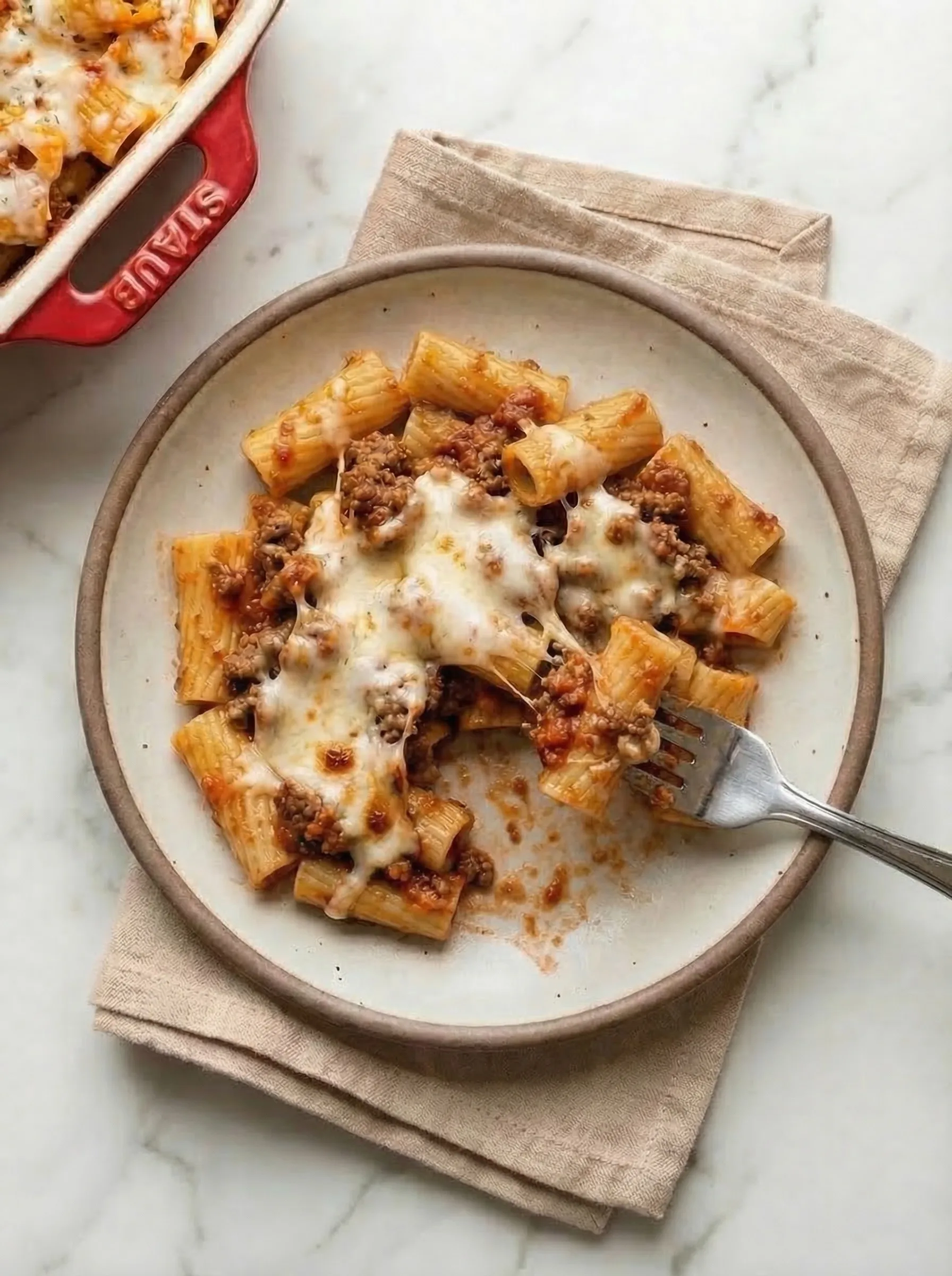 Serving of Baked Mostaccioli on a plate with rigatoni pasta, meat sauce, and melted cheese