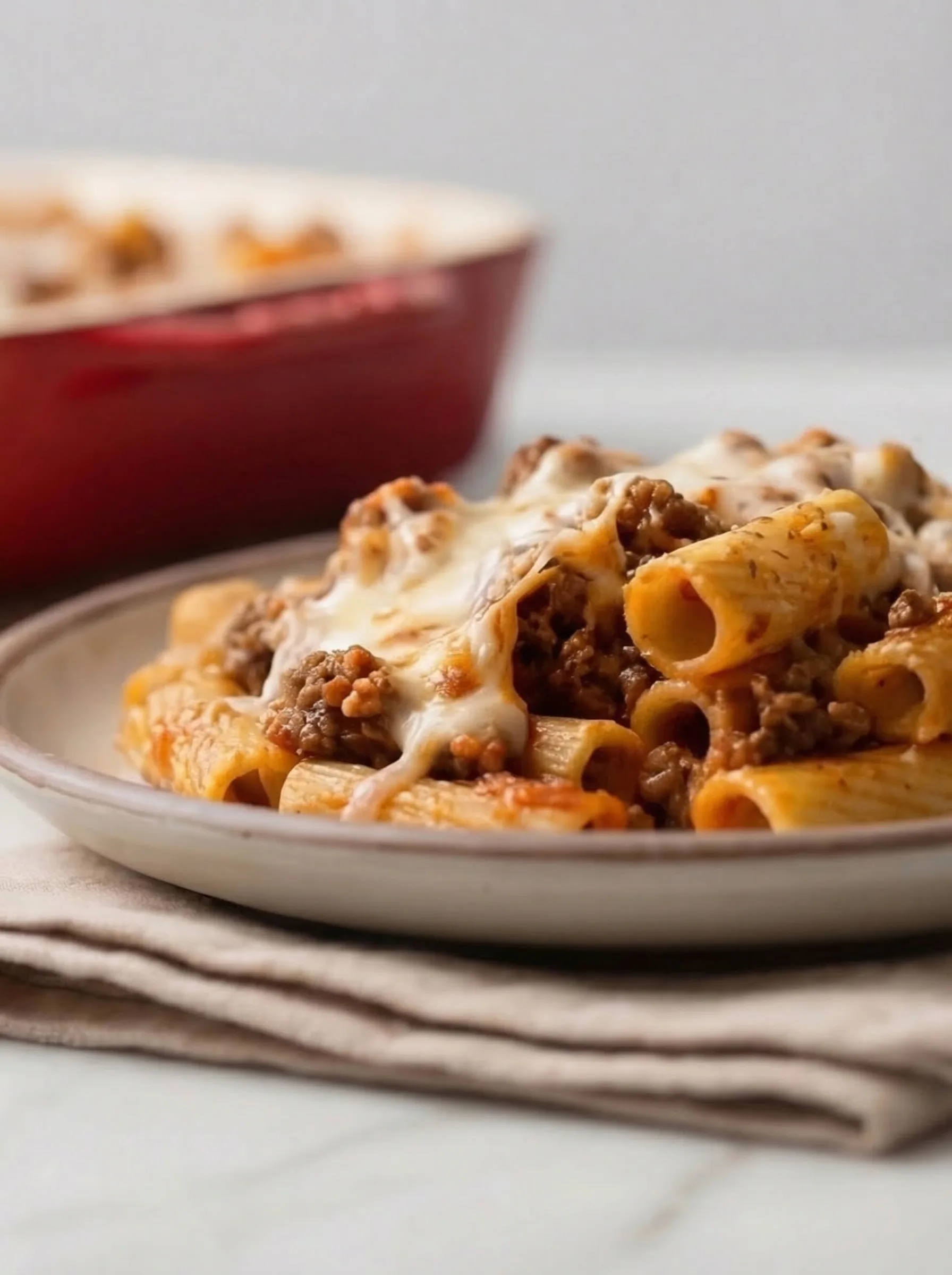Close-up of cheesy pasta with rich tomato meat sauce on a plate