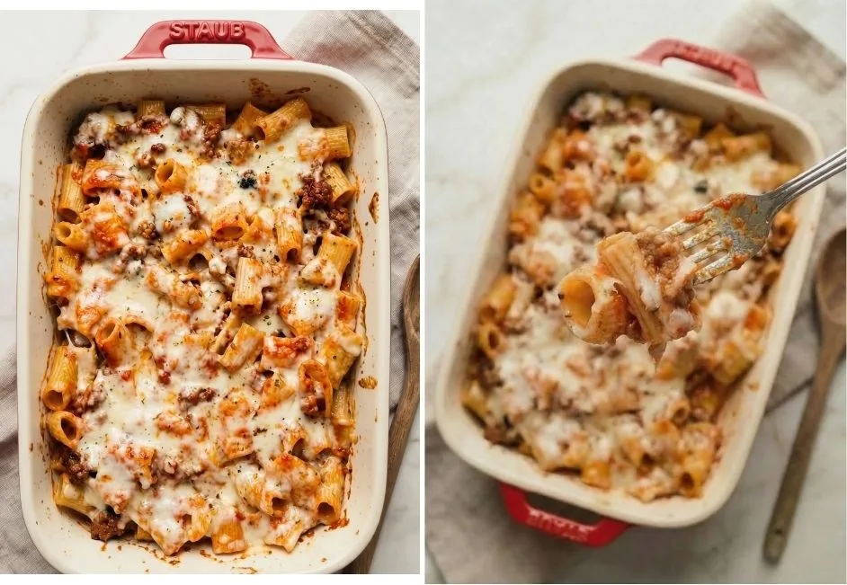 Step-by-step view of baked pasta with melted mozzarella cheese and rich meat sauce