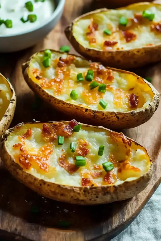 Crispy potato skins topped with melted cheese, bacon, and fresh chives on a wooden serving board.