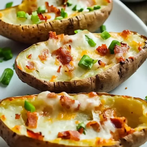 Close-up of baked potato skins loaded with cheddar cheese, bacon bits, and chives for a savory snack.