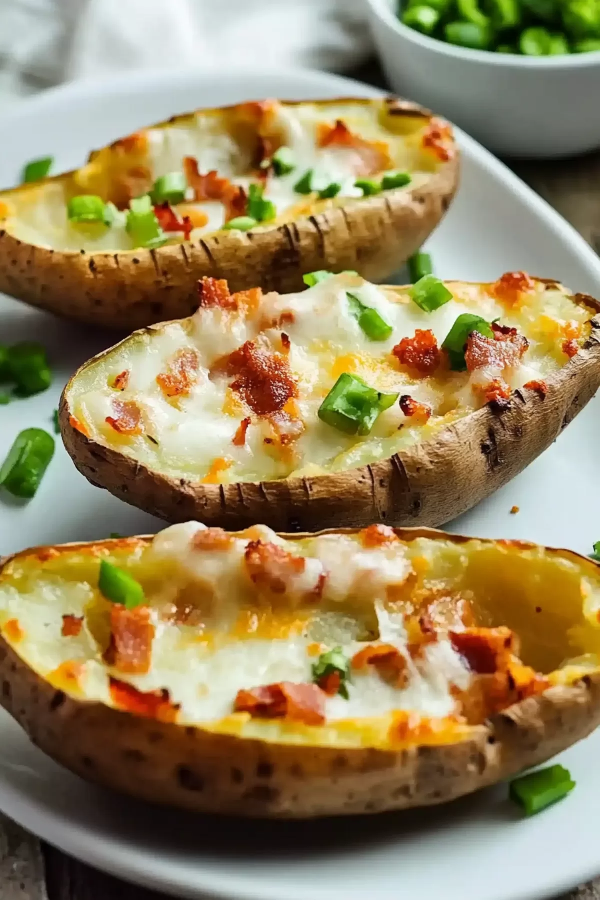 Close-up of baked potato skins loaded with cheddar cheese, bacon bits, and chives for a savory snack.