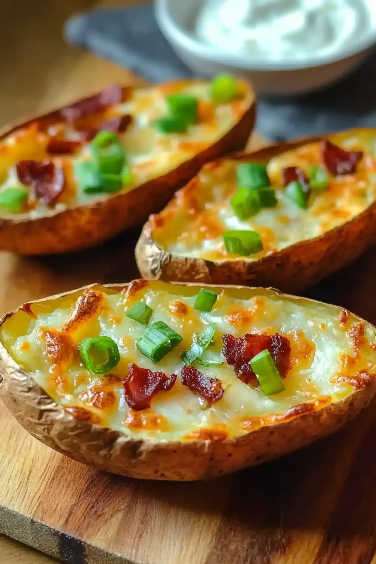 Golden baked potato skins arranged on a white plate, garnished with green onions and paired with sour cream dip.