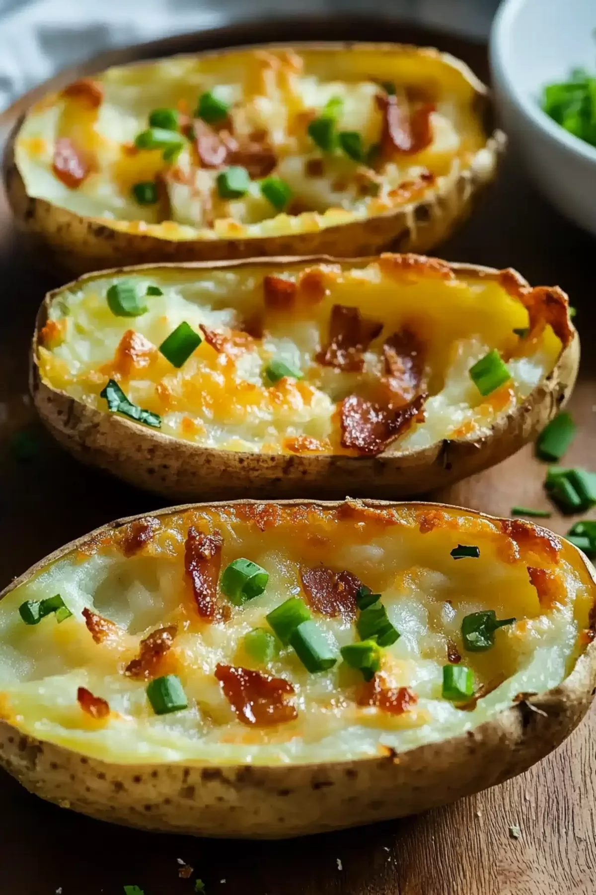 Rustic potato skins with a crispy edge, filled with gooey cheese and crumbled bacon, perfect for sharing.