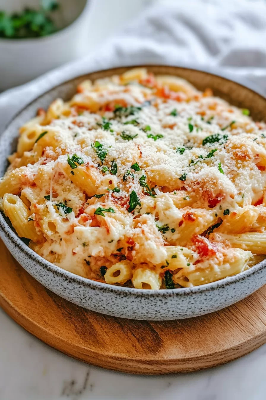 Rich and creamy baked pasta with tomatoes and fresh herbs, served on a wooden trivet.