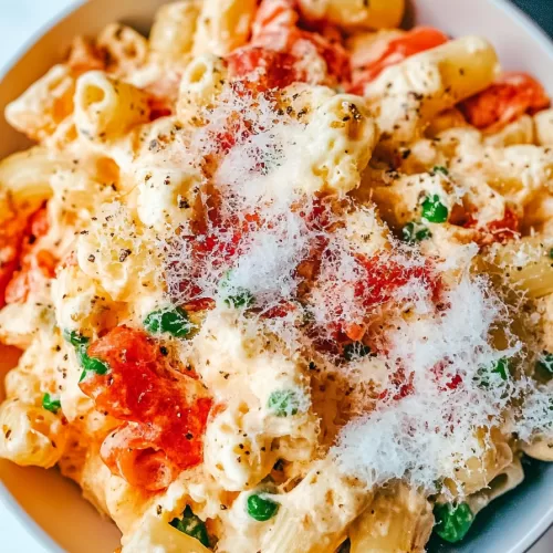 Close-up of cheesy pasta with a golden-brown crust, garnished with herbs and ready to serve.