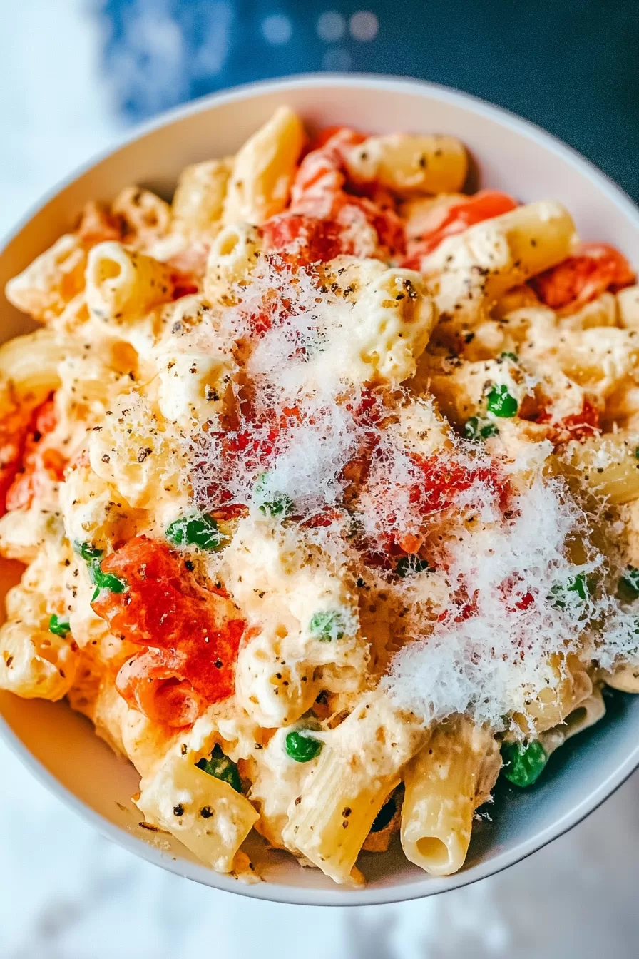 Close-up of cheesy pasta with a golden-brown crust, garnished with herbs and ready to serve.