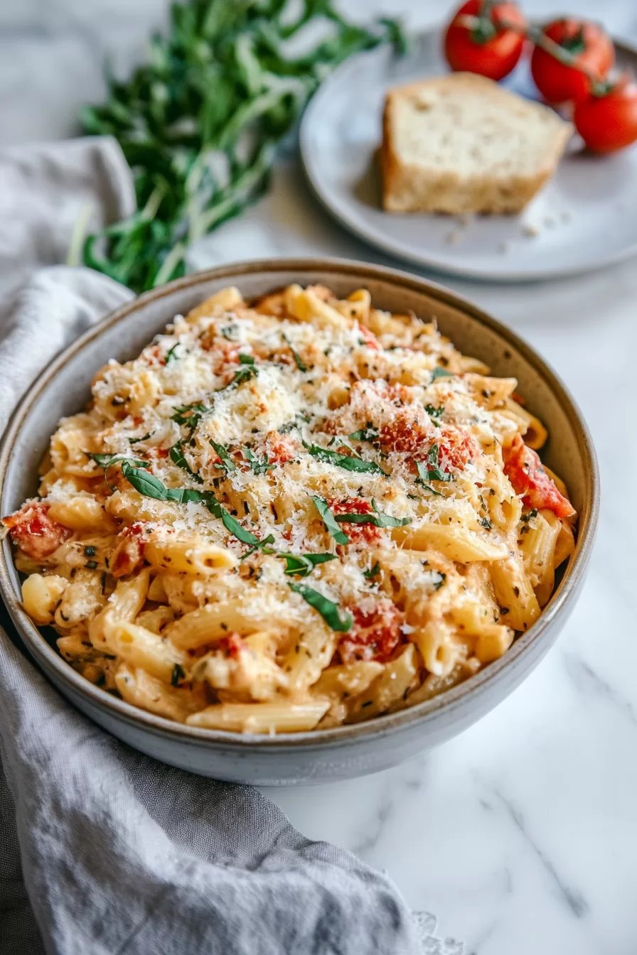 Creamy pasta with a hint of herbs and spices, styled with fresh bread and tomatoes in the background.