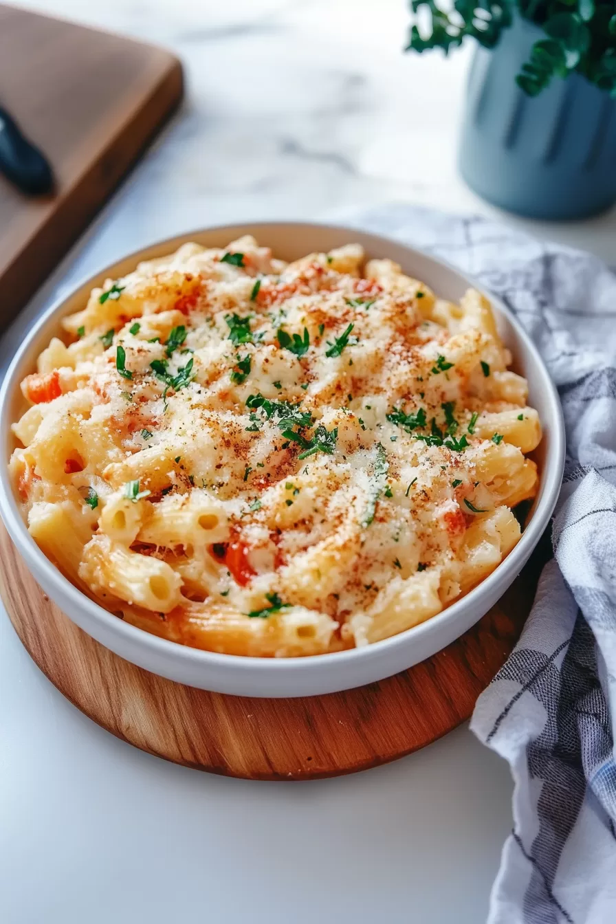 A bowl of comforting pasta with melted cheese and a sprinkle of fresh parsley on top.