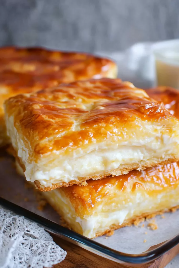 Golden and flaky layers of puff pastry filled with a rich, creamy cheese center, served fresh from the oven.