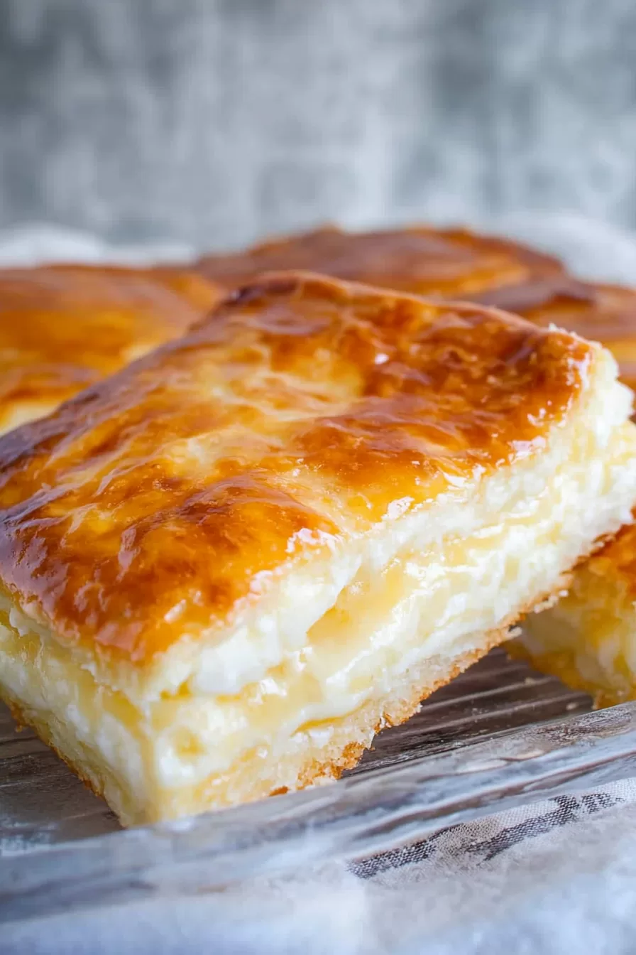 A close-up view of a square Breakfast Cheese Danish with a glossy, golden-brown finish.