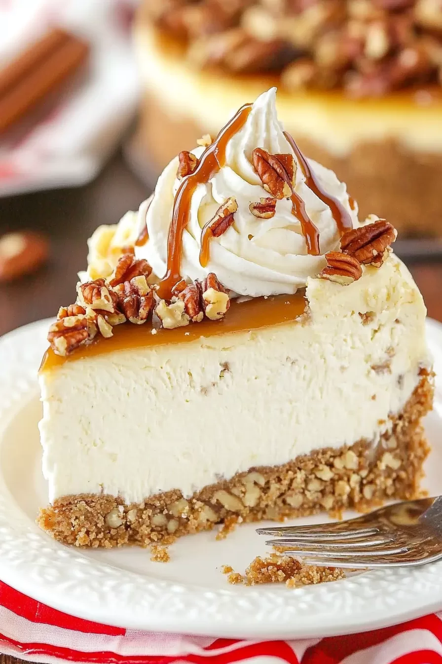 A close-up of a creamy cheesecake slice topped with whipped cream, caramel drizzle, and crunchy pecans on a white plate.