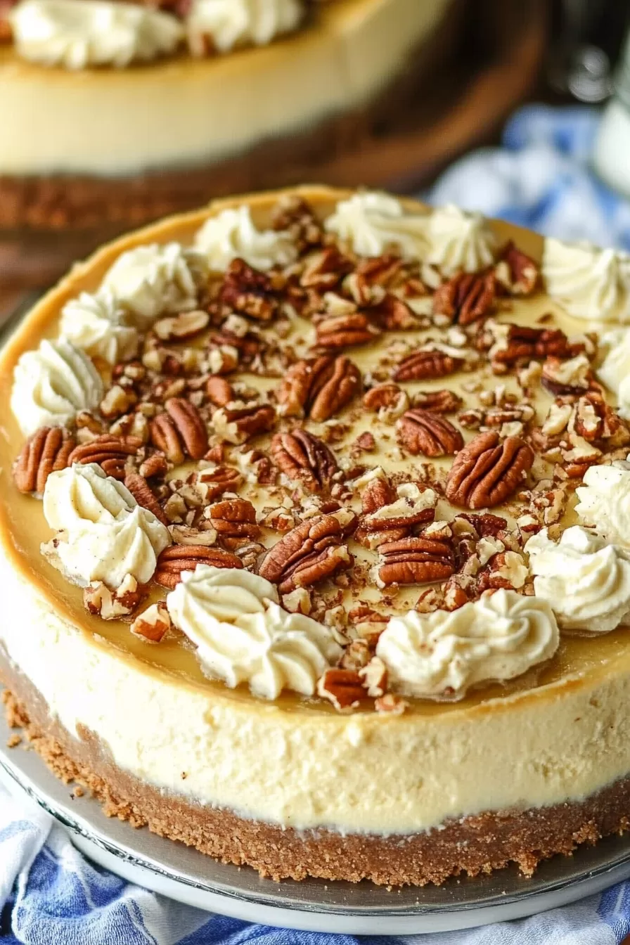 A full browned butter pecan cheesecake garnished with whipped cream swirls and chopped pecans on a dessert table.