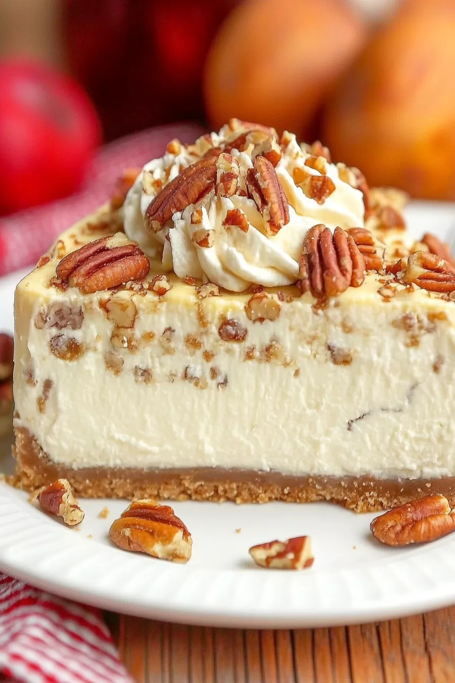 A decadent slice of pecan cheesecake featuring a buttery crust and pecan topping, ready to be enjoyed.