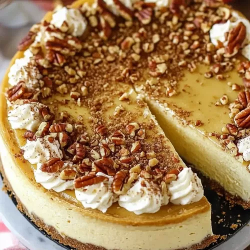 Top-down view of a pecan cheesecake with a golden-brown crust and whipped cream piped along the edges.