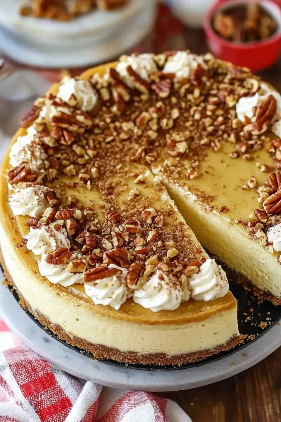 Top-down view of a pecan cheesecake with a golden-brown crust and whipped cream piped along the edges.