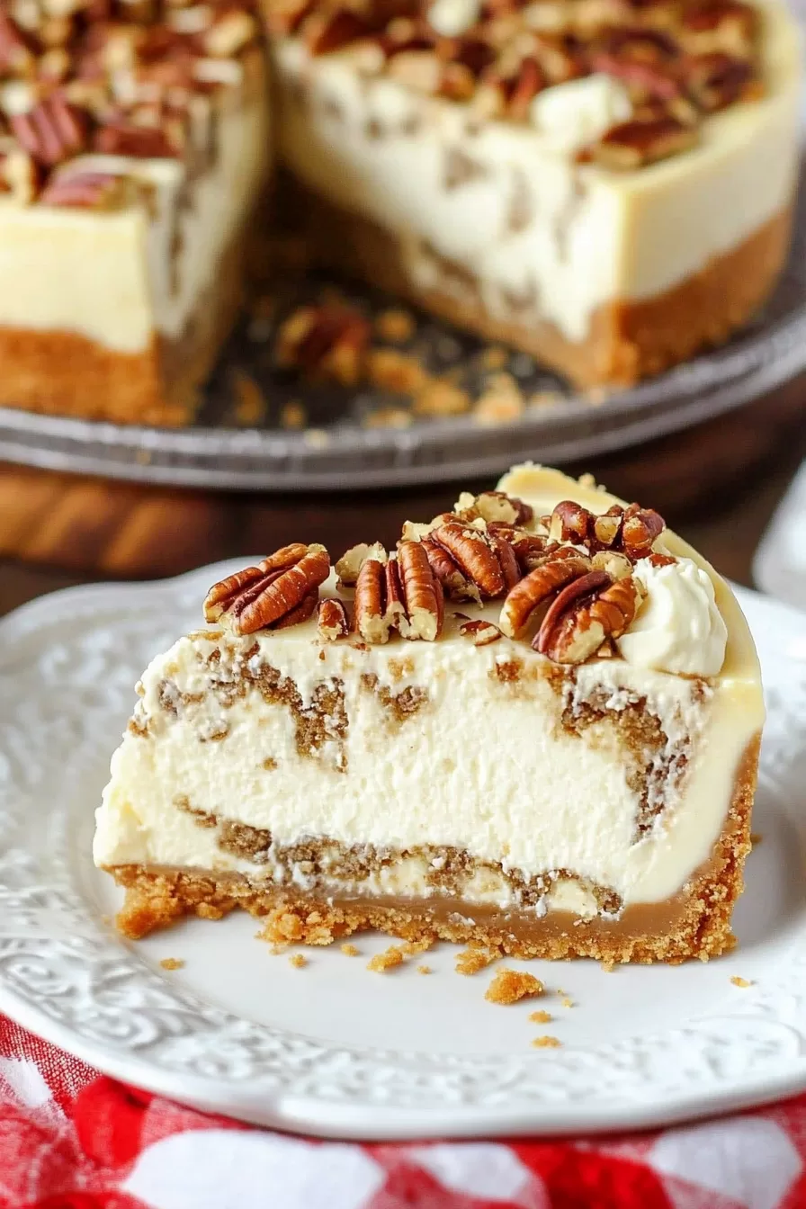 A rich and creamy cheesecake slice with pecan bits and a caramel glaze, served on a rustic plate.